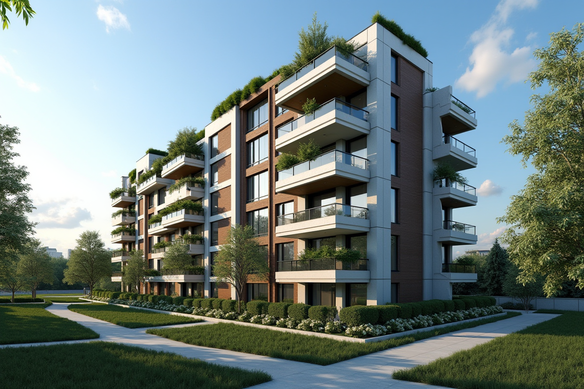 Immeuble moderne avec grandes fenêtres et balcons ensoleillés