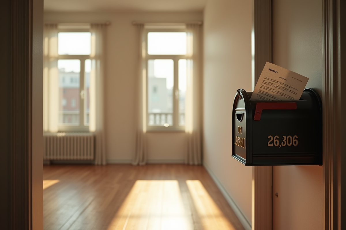 Appartement vide avec grande fenetre et boite aux lettres pleine de courriers
