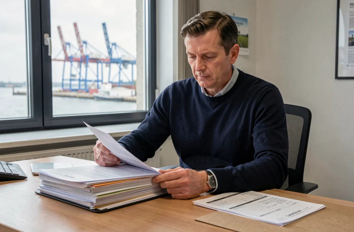 Gestionnaire immobilier d'Arcade Immobilier au Havre étudiant des dossiers locatifs avec vue sur le port en arrière-plan