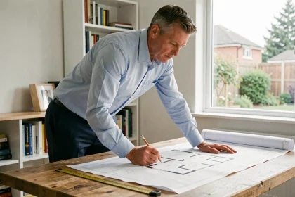 Architecte calculant l'emprise au sol d'une extension de maison sur des plans détaillés posés sur une table à dessin