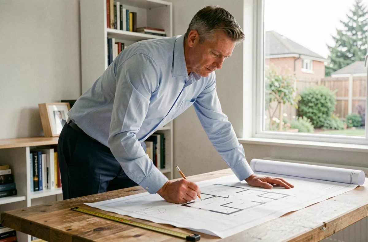 Architecte calculant l'emprise au sol d'une extension de maison sur des plans détaillés posés sur une table à dessin