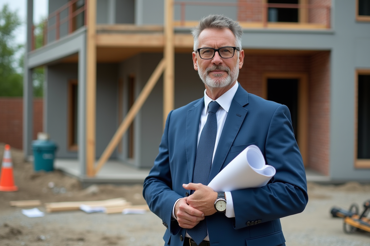 Architecte homme avec plans sur un chantier en construction