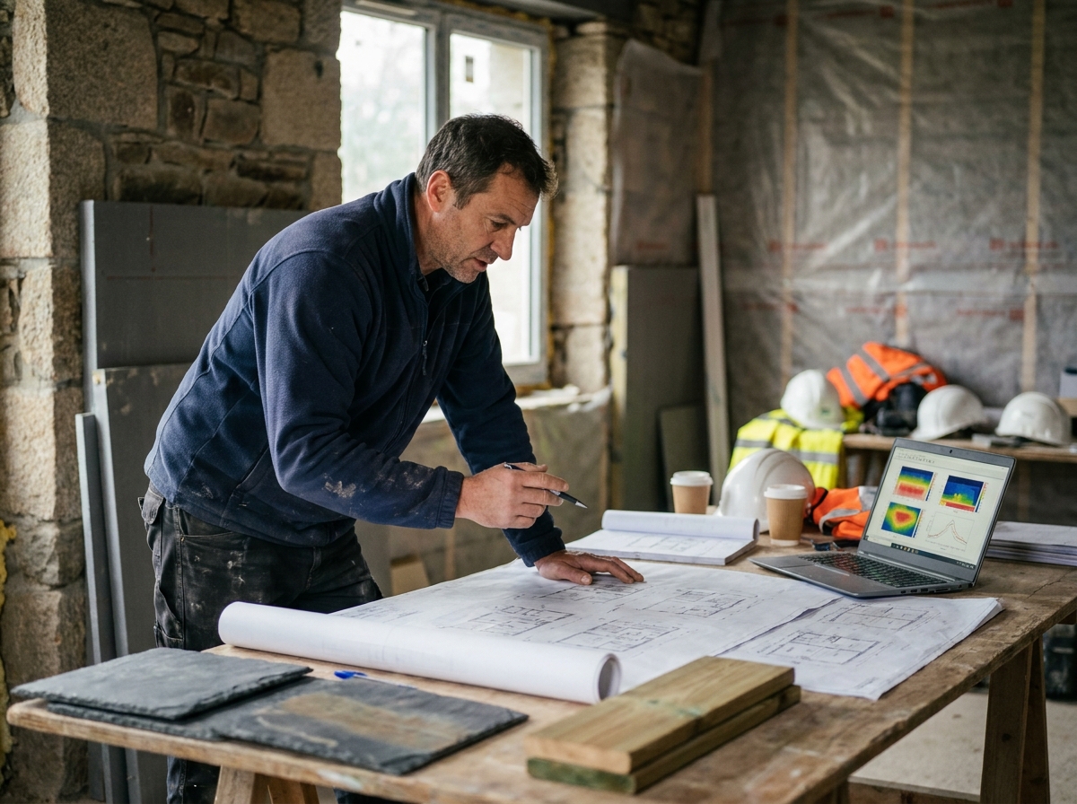 Architecte breton étudiant les plans d'isolation thermique d'une maison neuve adaptée au climat humide