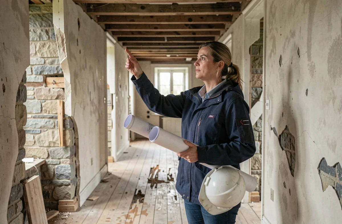 Architecte femme examinant les poutres d'un couloir de manoir en ruine, murs en pierre apparente et parquet abîmé, étude de rénovation patrimoniale