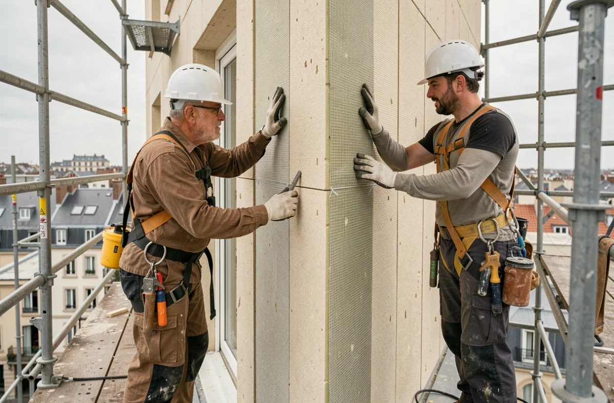 Artisans RGE réalisant une isolation thermique par l'extérieur sur la façade d'un immeuble résidentiel à Pantin