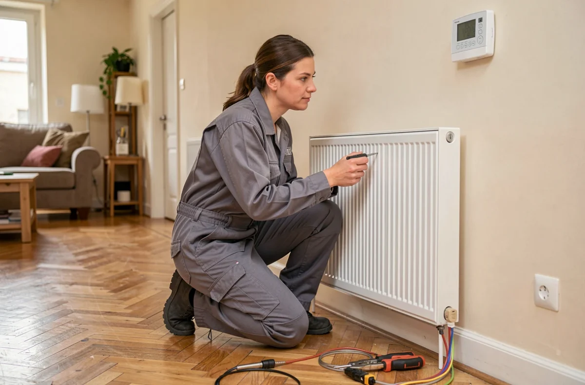 Artisane RGE installant un radiateur électrique avec système de régulation thermique dans un appartement rénové au Raincy