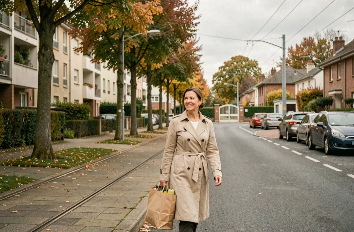 Femme faisant ses courses dans une avenue résidentielle d'une ville de banlieue en Île-de-France à l'automne