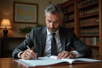 Avocat spécialisé en droit immobilier à Avignon examinant un contrat de vente immobilière dans son cabinet