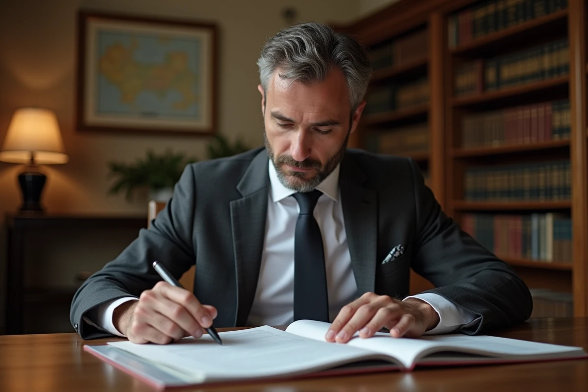 Avocat spécialisé en droit immobilier à Avignon examinant un contrat de vente immobilière dans son cabinet