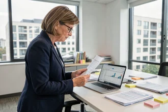 Responsable de bailleur social examinant des documents réglementaires liés au dispositif SYPLO dans un bureau moderne