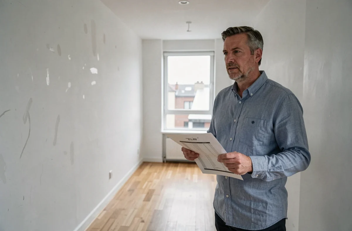 Propriétaire bailleur évaluant un appartement vide avec une fiche de location SeLoger à la main