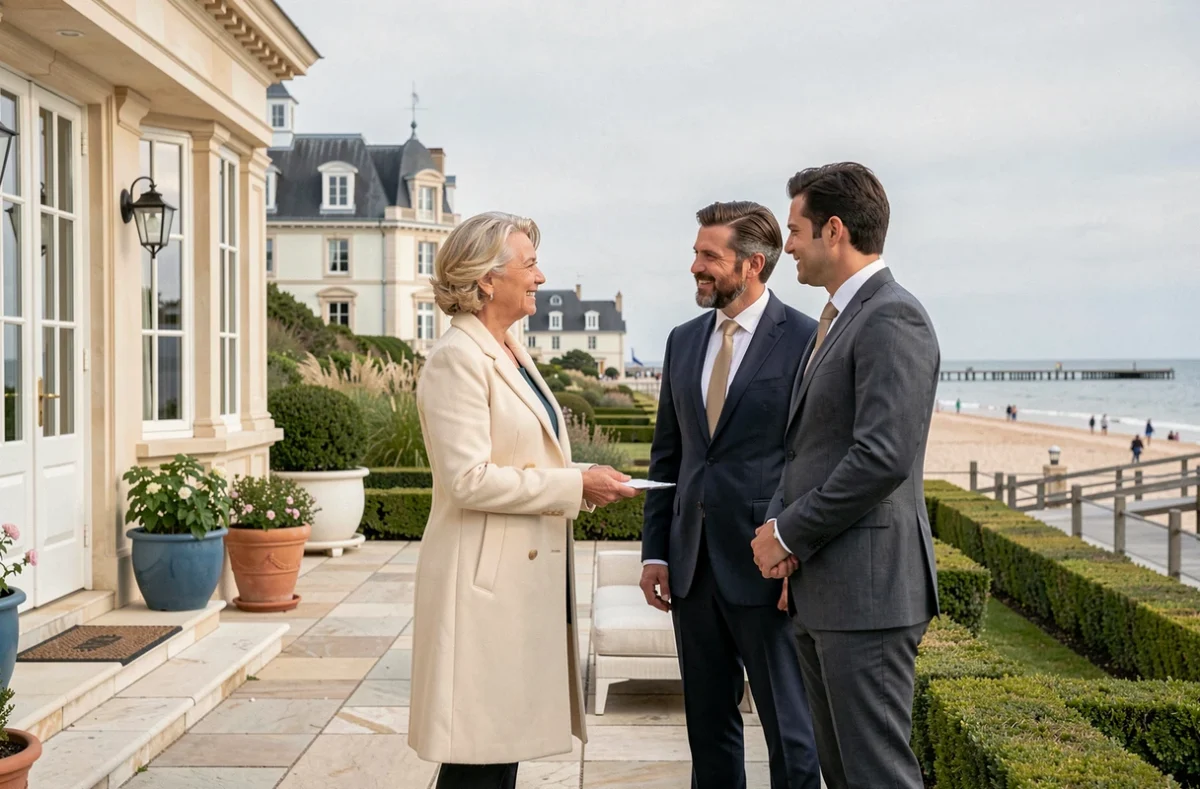 Agente immobilière haut de gamme présentant une villa de luxe à Deauville sur la Côte Fleurie à des clients élégants