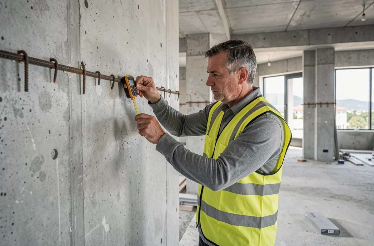 Expert de Bat Expert 06 inspectant une paroi structurelle dans un bâtiment commercial en construction avec gilet de sécurité jaune