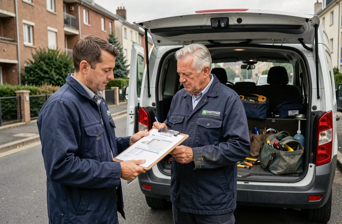 Artisans RGE du réseau Batispot Pro préparant leur intervention dans une rue résidentielle d'Île-de-France