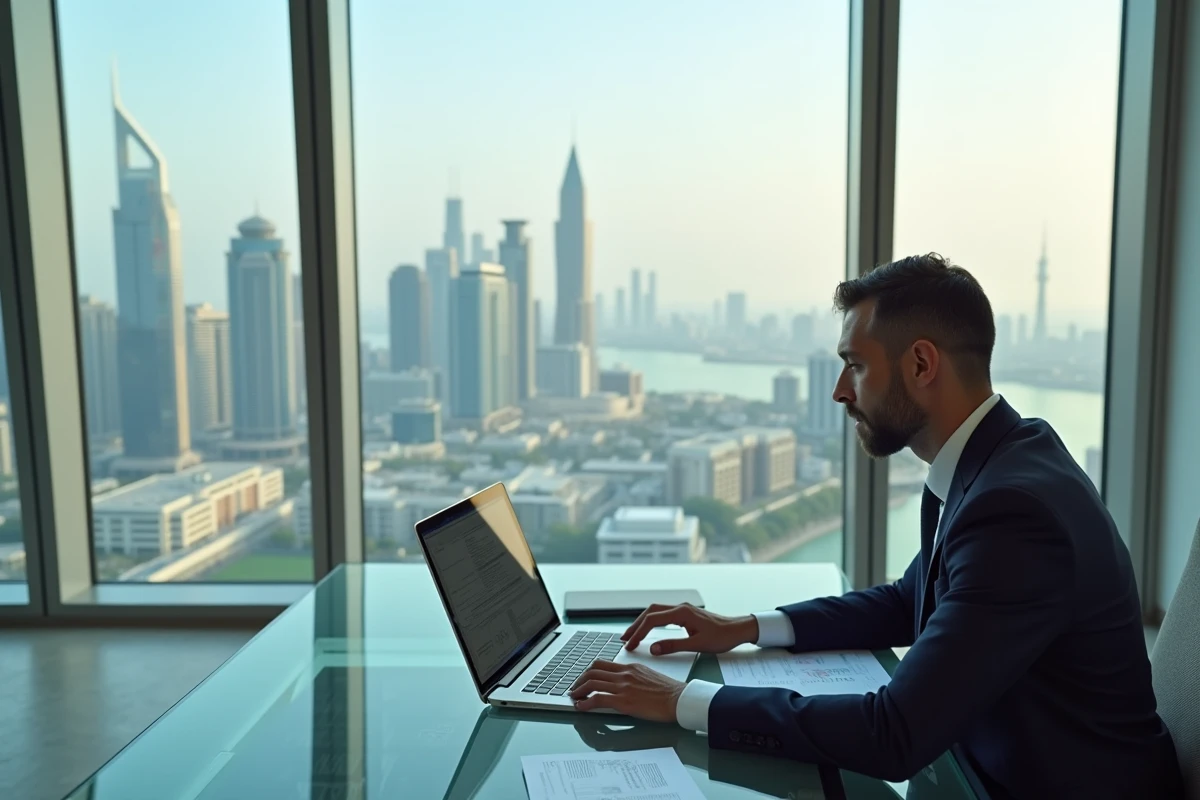 Cadre dirigeant travaillant dans un bureau moderne en hauteur avec vue panoramique sur les lacs et tours de JLT Dubaï