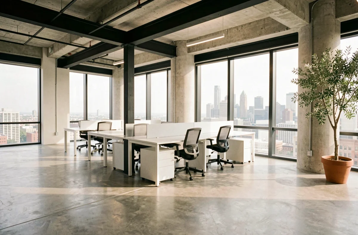 Espace de bureaux moderne rénové en centre-ville avec grandes fenêtres et vue sur skyline urbain