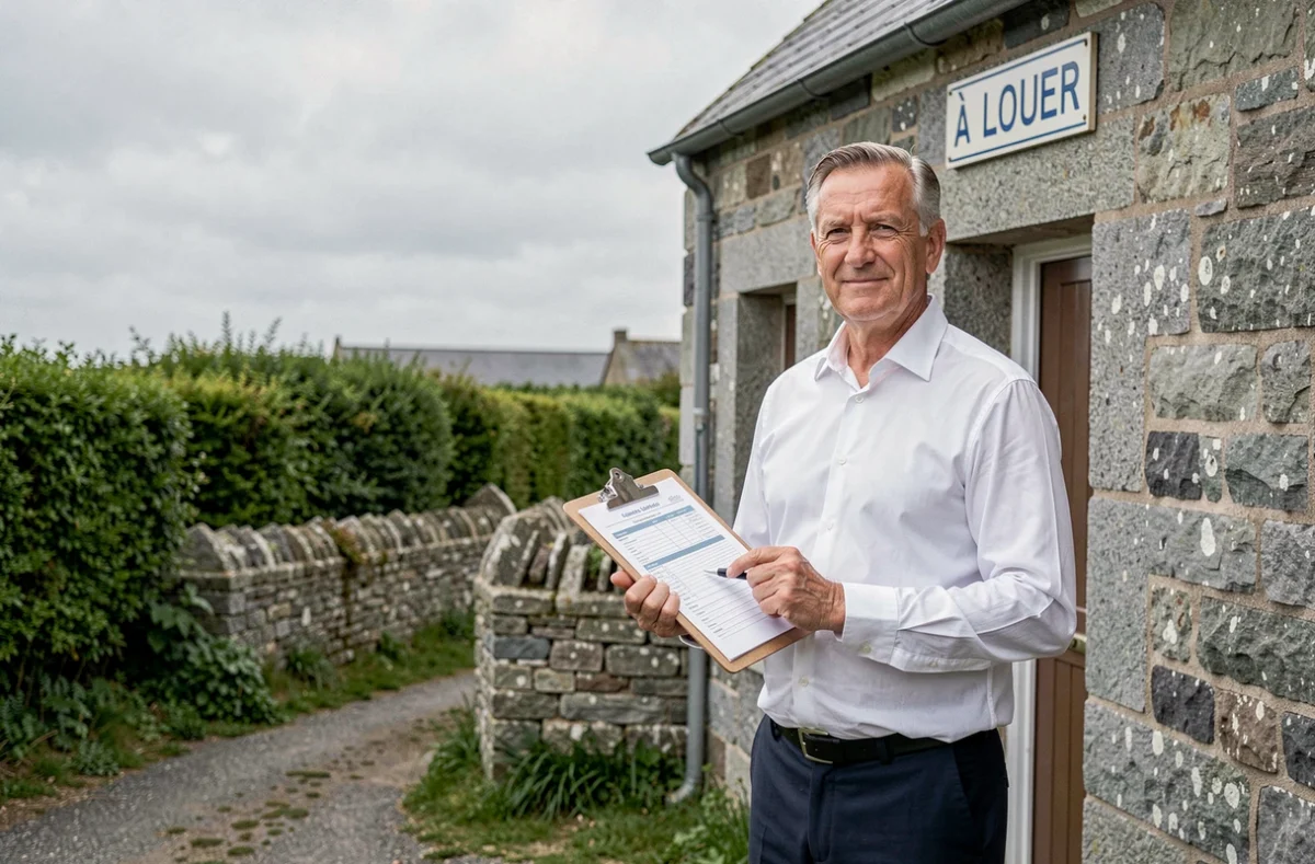 Agent immobilier devant une ferme en pierre de la Manche avec panneau À Louer, représentant la gestion locative en milieu rural normand