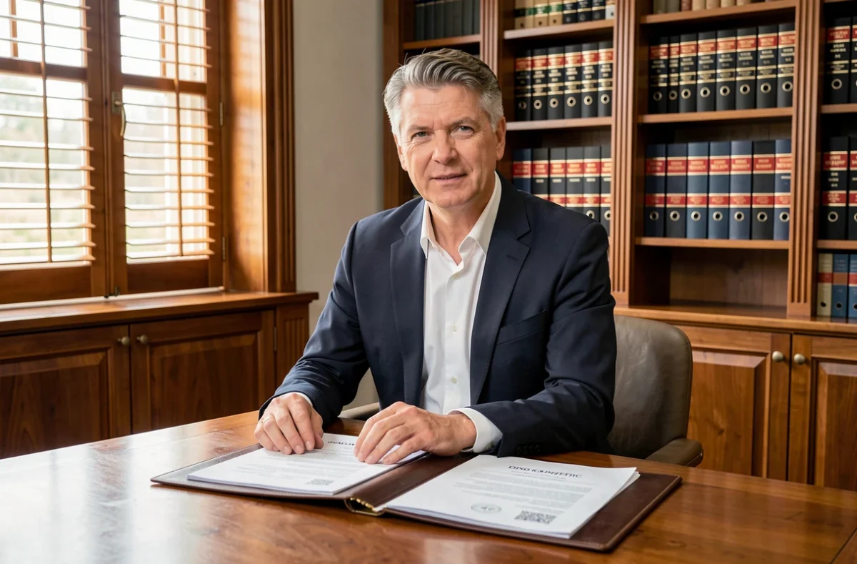 Consultant du Cabinet Procarione examinant des documents de certification immobilière dans un bureau élégant aux volets en bois