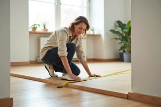 Femme mesurant le sol d'une pièce en L avec un mètre ruban pour calculer la superficie en mètres carrés