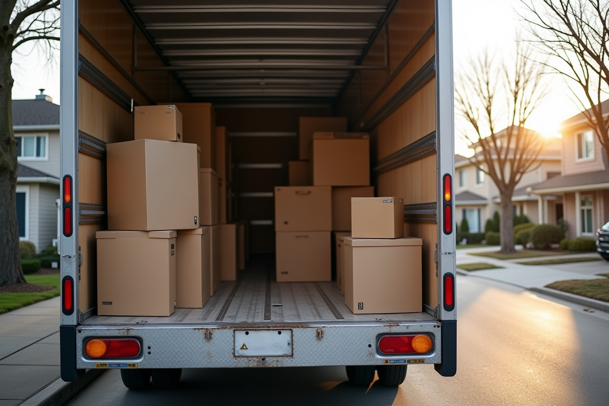 Camion de déménagement ouvert avec meubles et cartons organisés