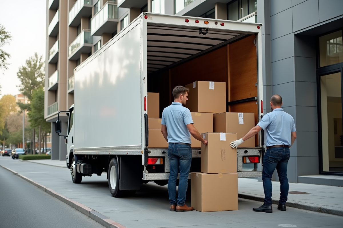 Camion de déménagement moderne devant un immeuble urbain
