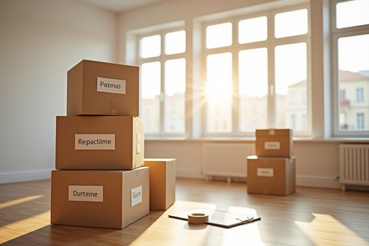 Cartons de déménagement empiles dans un appartement vide ensoleille