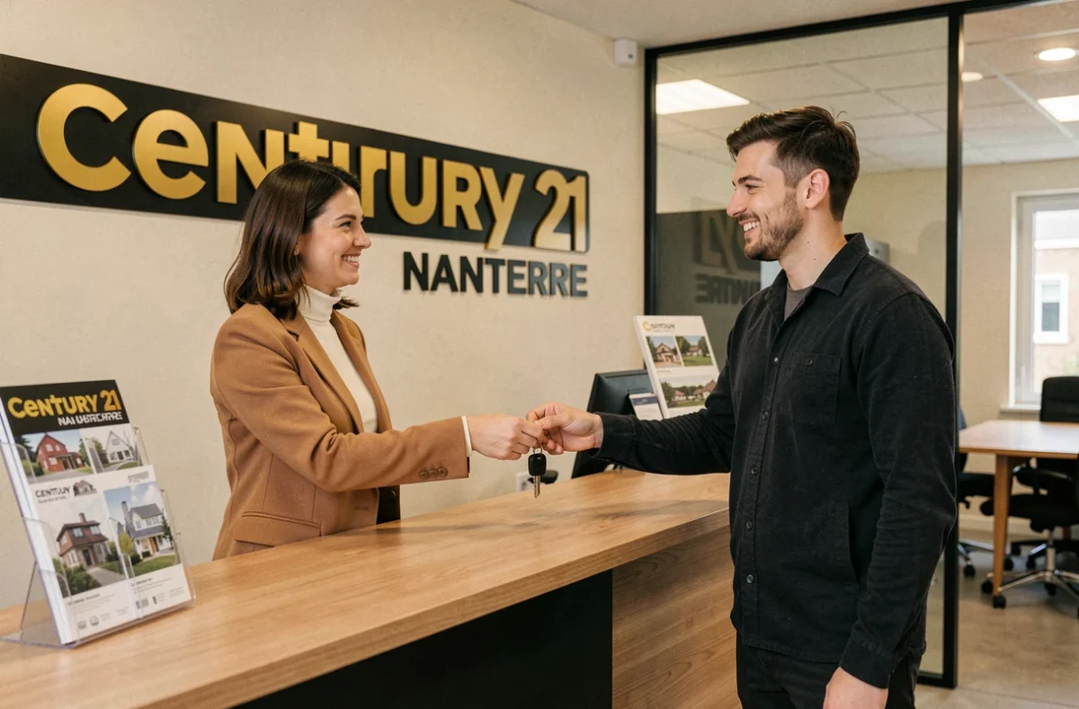 Agente Century 21 Nanterre remettant les clés d'un bien immobilier à un nouveau propriétaire heureux dans l'agence