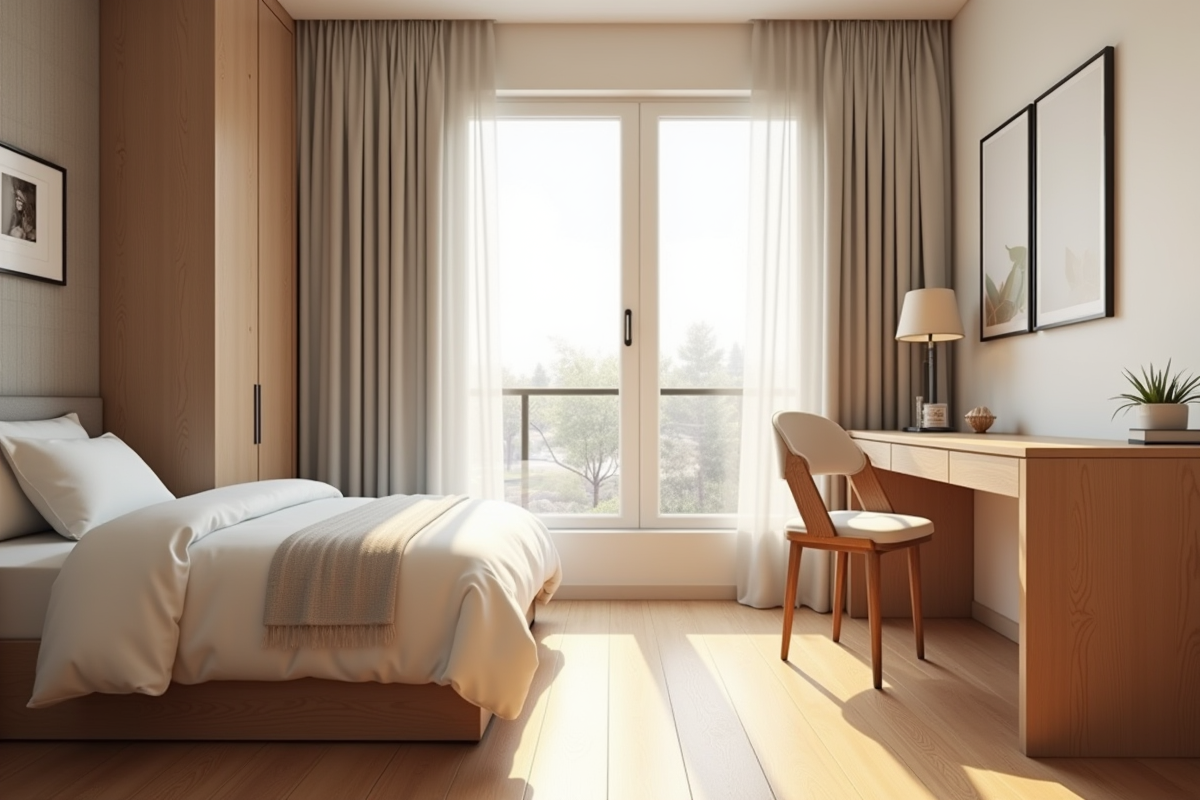 Chambre moderne et bien organisée avec lumière naturelle