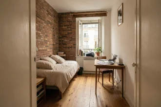 Petite chambre de moins de 9m² aménagée en résidence principale à Paris avec bureau et lit simple