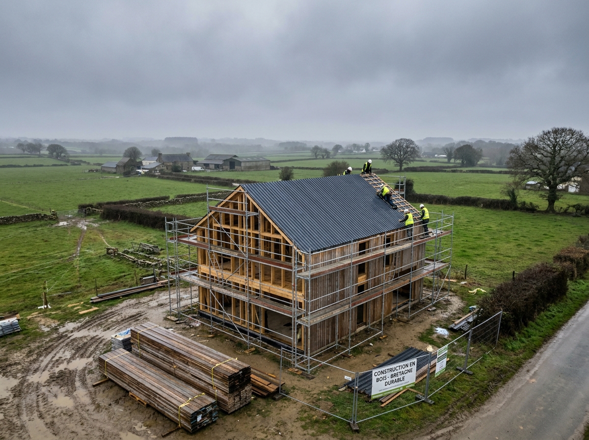 Chantier de construction d'une maison à ossature bois en Bretagne avec toiture ventilée contre l'humidité