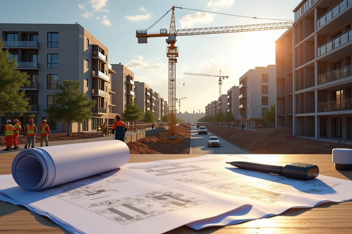Chantier de construction avec ouvriers et plans d