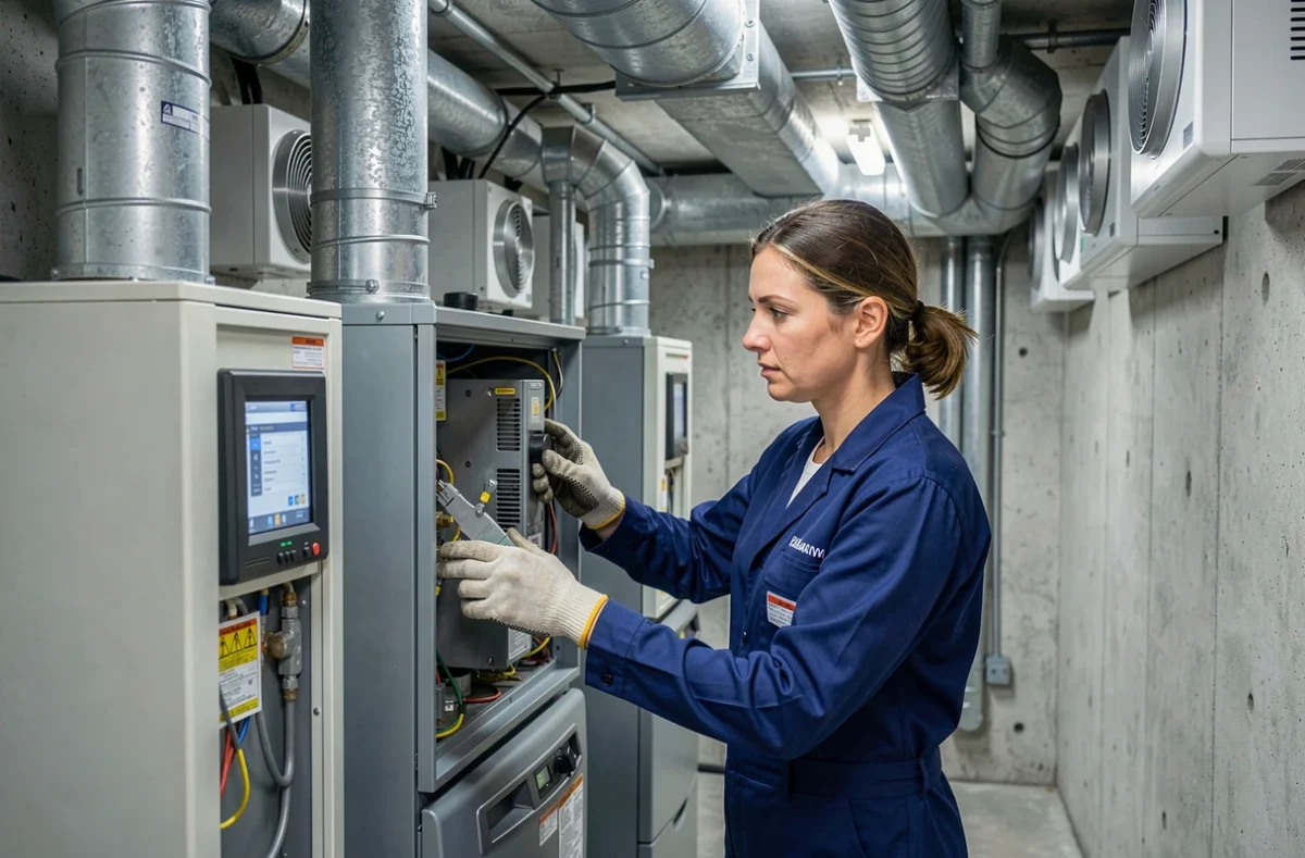Technicienne installant un système de chauffage collectif et VMC dans une chaufferie d'immeuble à Saint-Denis
