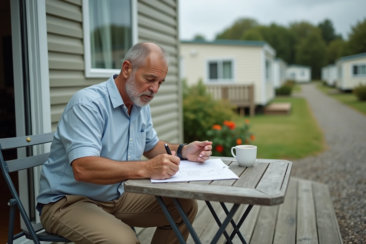 Homme analysant une liste de contrôle pour l'achat d'un mobil home d'occasion en camping
