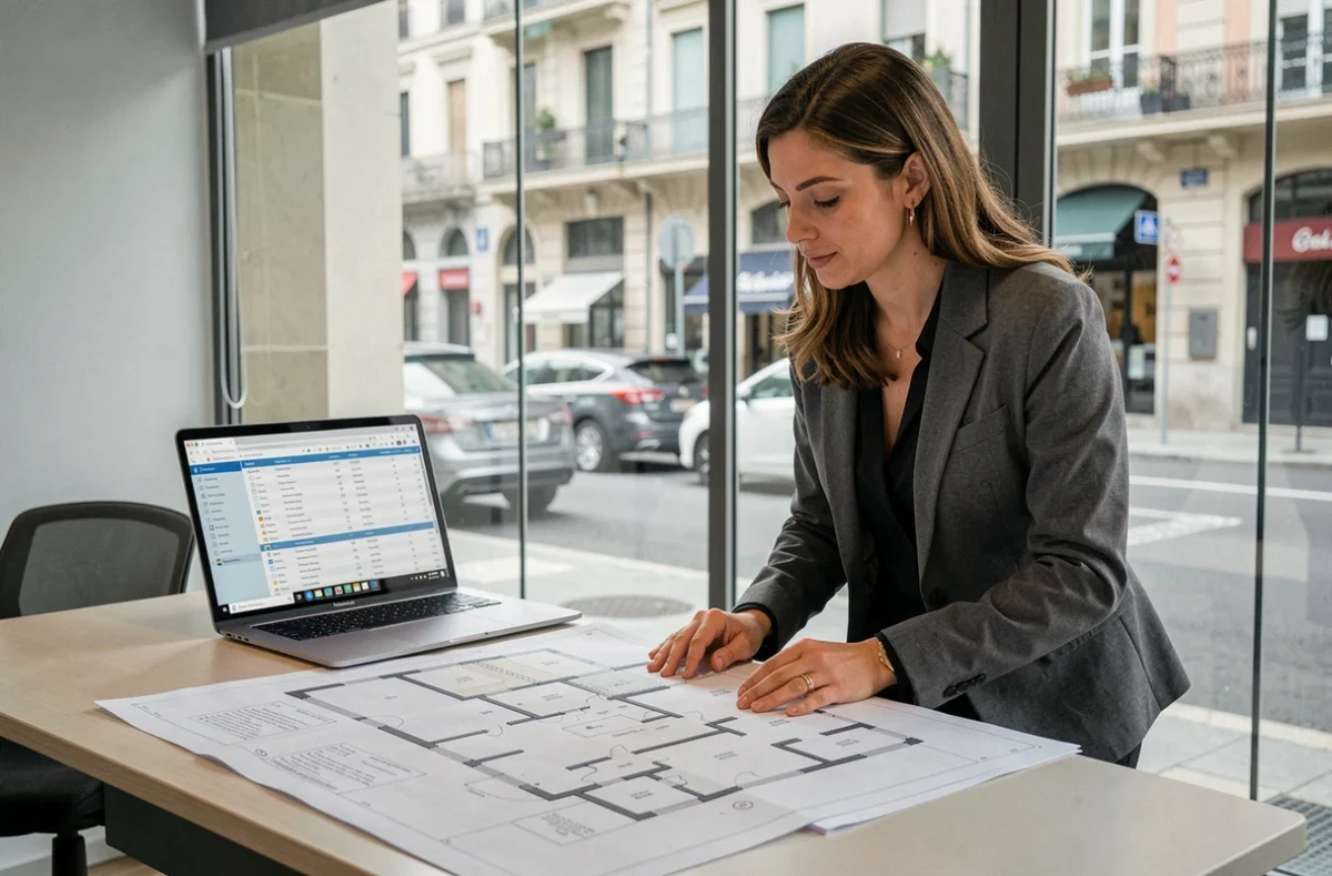 Diagnostiqueure de City Diag analysant des plans de diagnostic immobilier sur un bureau moderne dans une agence en centre-ville de Nice