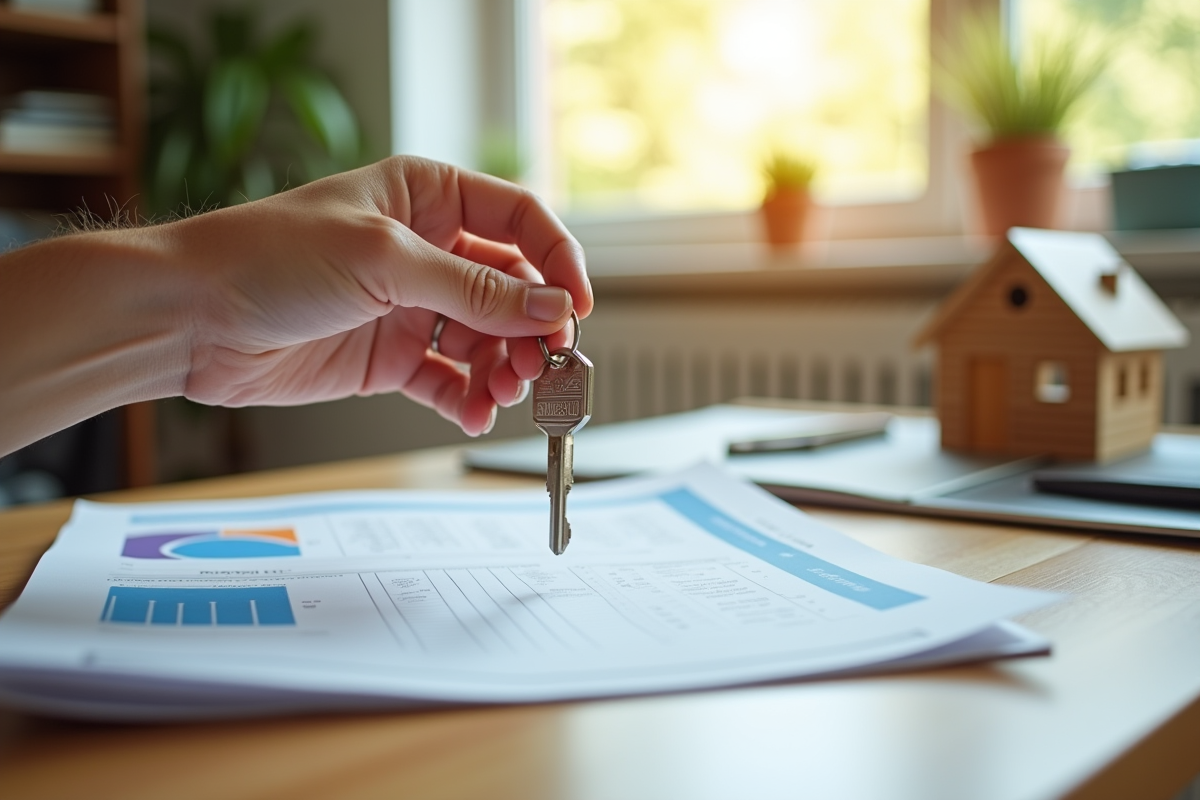 Main tenant une clé de maison et des papiers avec graphiques
