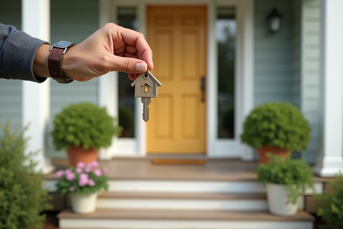 Main tenant une clé en forme de maison devant une porte fraîchement peinte