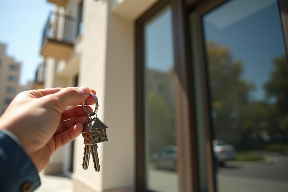 Main tenant tenant des clés d appartement devant un immeuble
