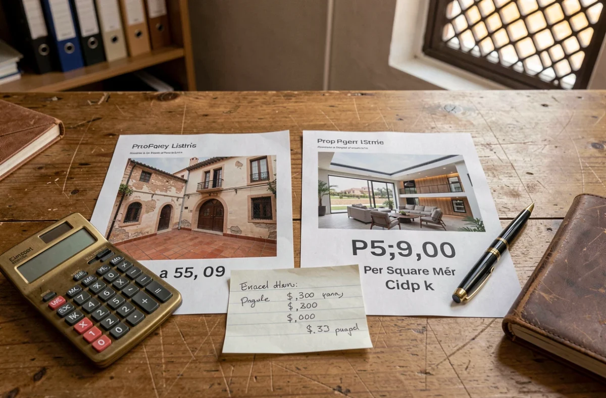 Comparaison de fiches immobilières ancien et récent appartement à Guéliz Marrakech avec prix au mètre carré sur un bureau