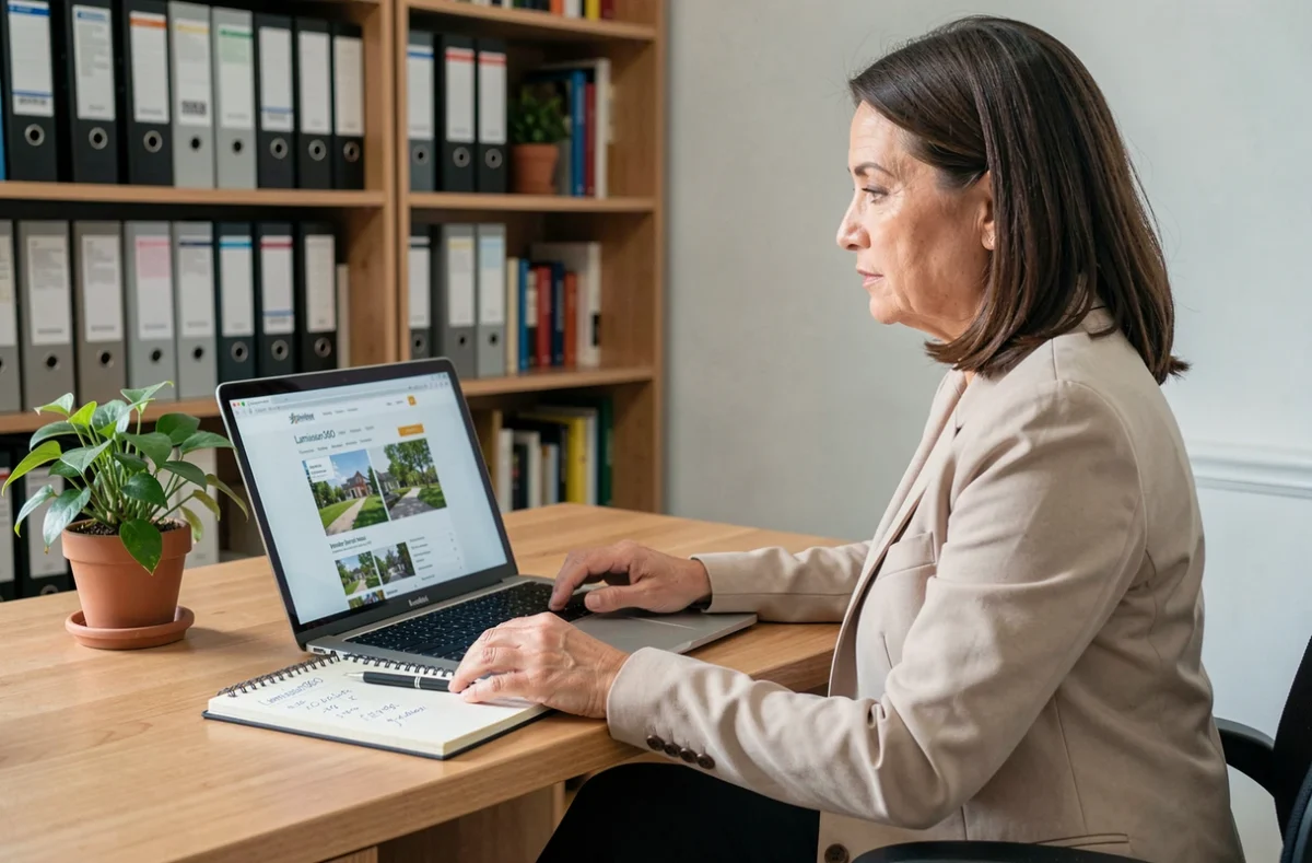 Femme comparant les prix d'un devis visite virtuelle immobilière sur son ordinateur portable