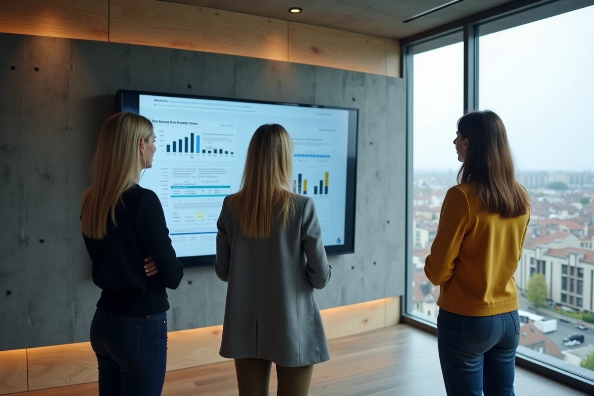 Équipe de professionnels de l'immobilier analysant des données comparatives sur les grands promoteurs français dont Icade sur un écran interactif en salle de réunion