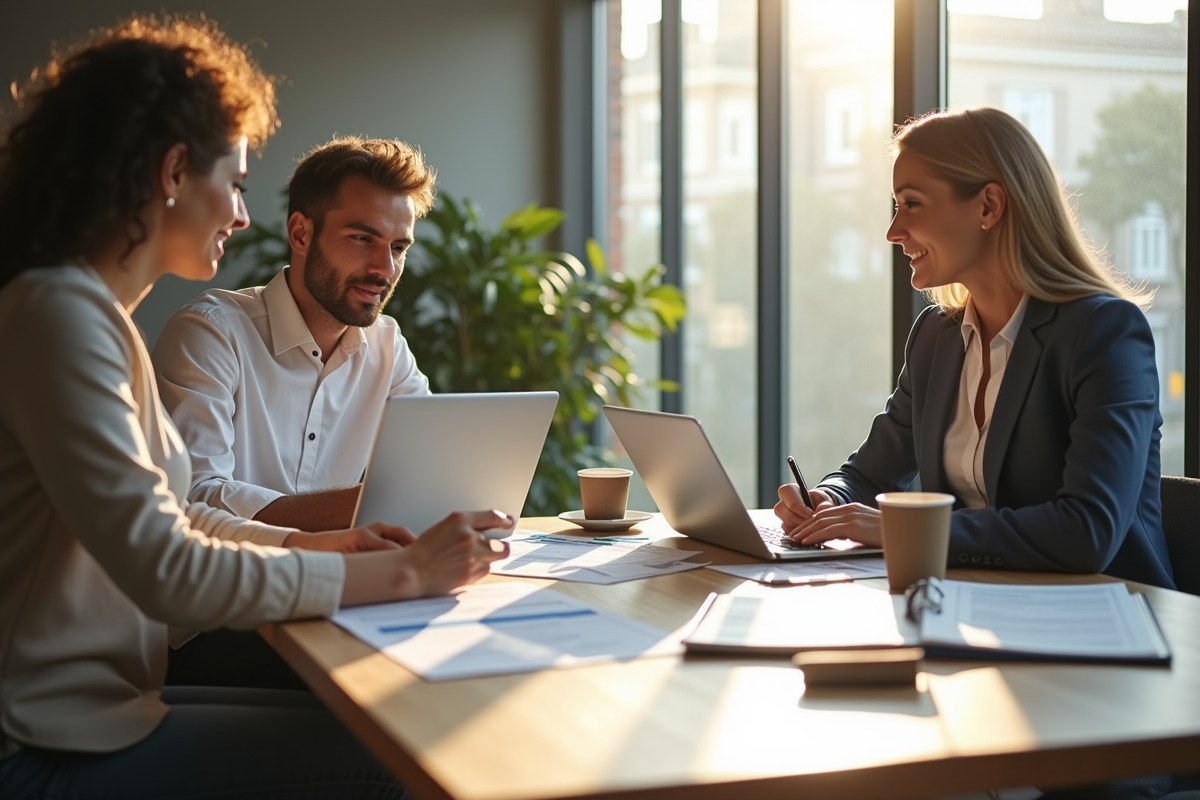 Conseiller bancaire rencontrant un couple dans un bureau lumineux