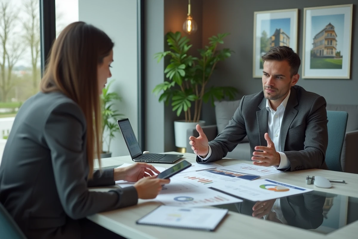 Conseiller bancaire présentant une simulation de crédit immobilier optimisé à une investisseuse