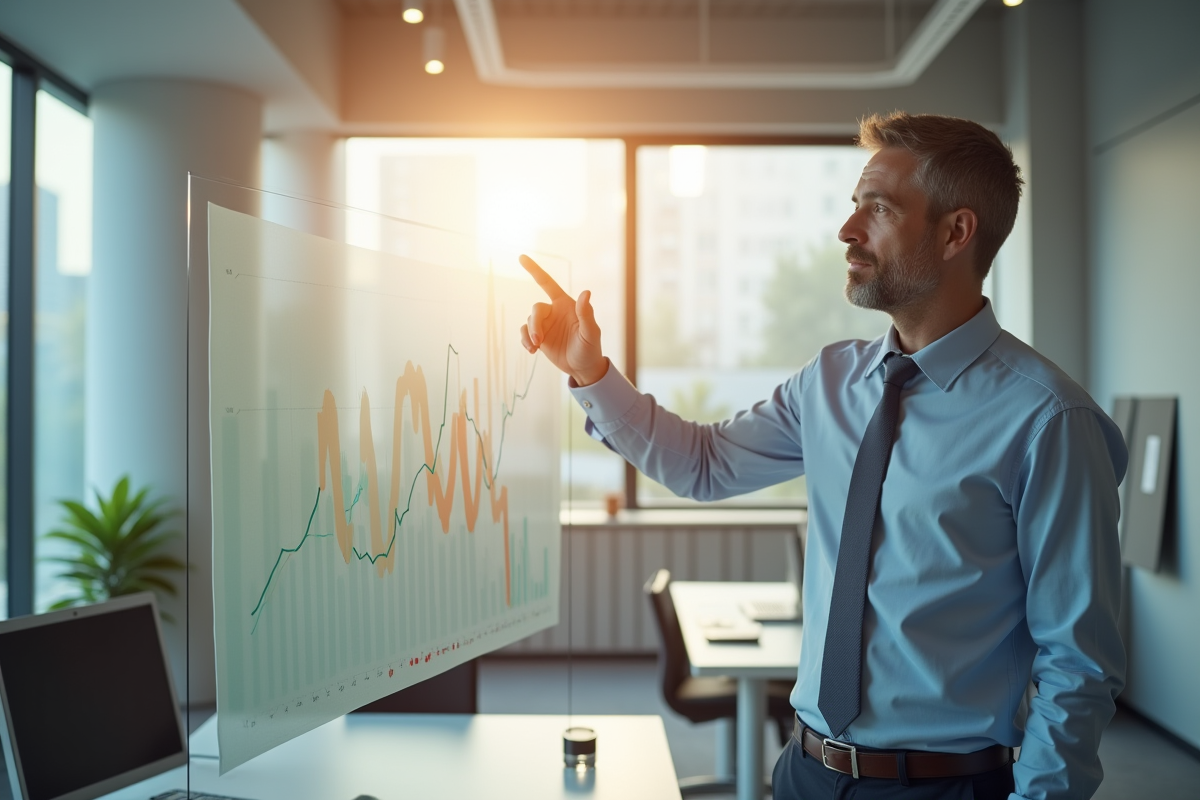 Conseiller financier dans un bureau moderne pointant un graphique en baisse