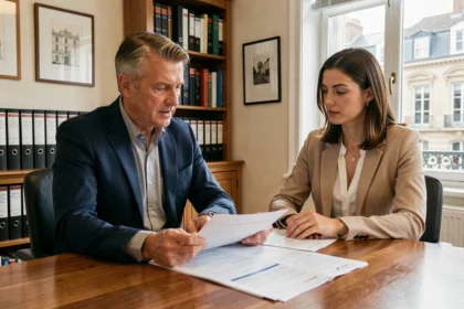 Conseiller immobilier et cliente discutant de documents patrimoniaux dans un bureau élégant pour préparer un héritage familial