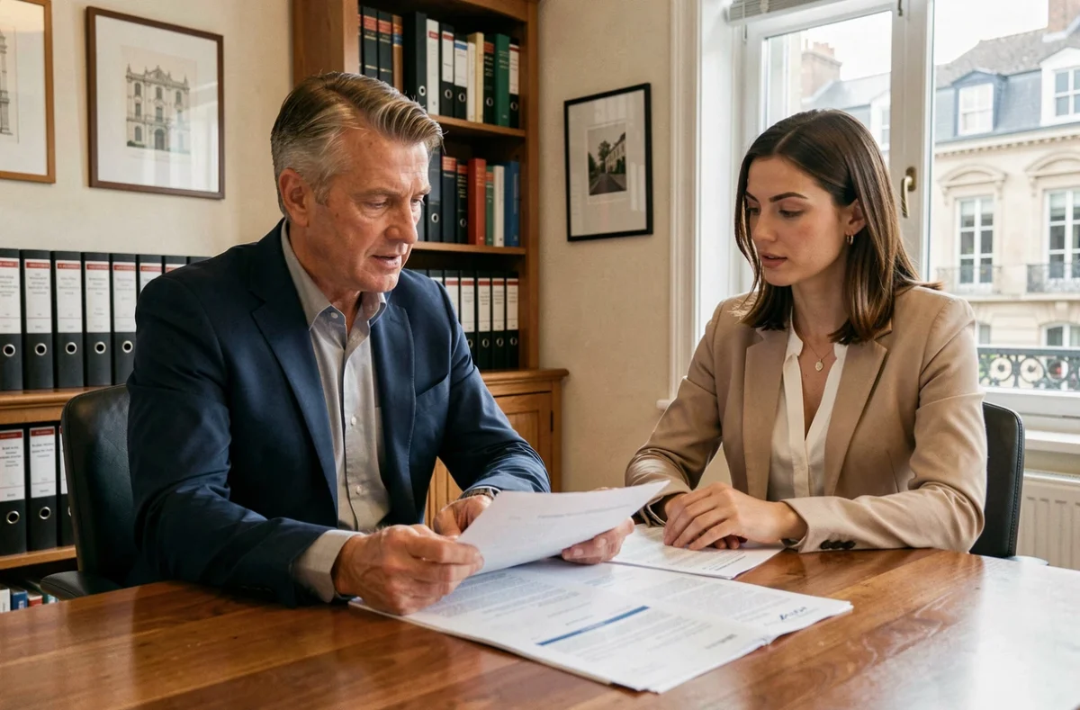 Conseiller immobilier et cliente discutant de documents patrimoniaux dans un bureau élégant pour préparer un héritage familial