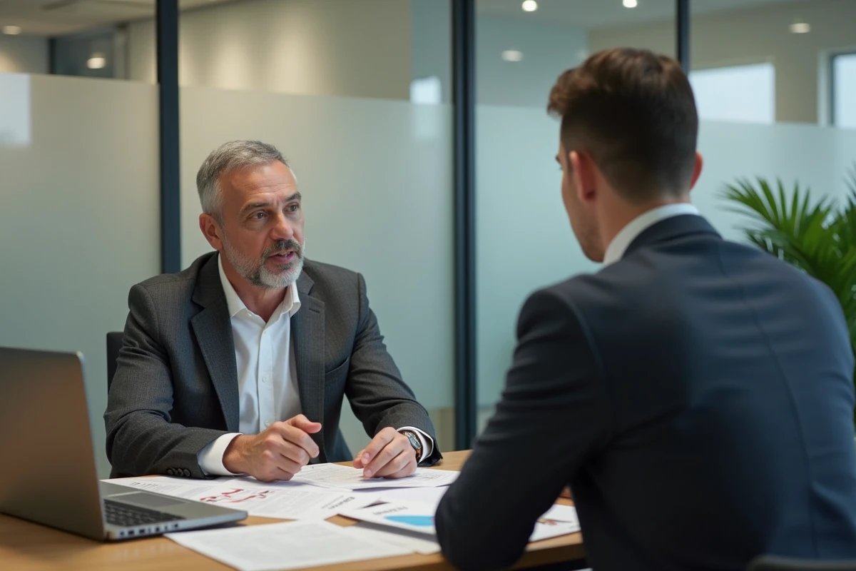 Conseiller immobilier expliquant le dispositif PSLA à un locataire HLM dans une agence de logement social à Toulouse