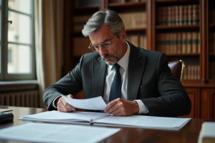 Conseiller en patrimoine immobilier de prestige consultant des documents dans un bureau haussmannien luxueux à Paris