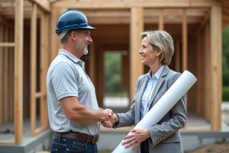 Constructeur professionnel serrant la main d'un client devant un chantier de maison en bois, illustrant le choix d'un entrepreneur de confiance