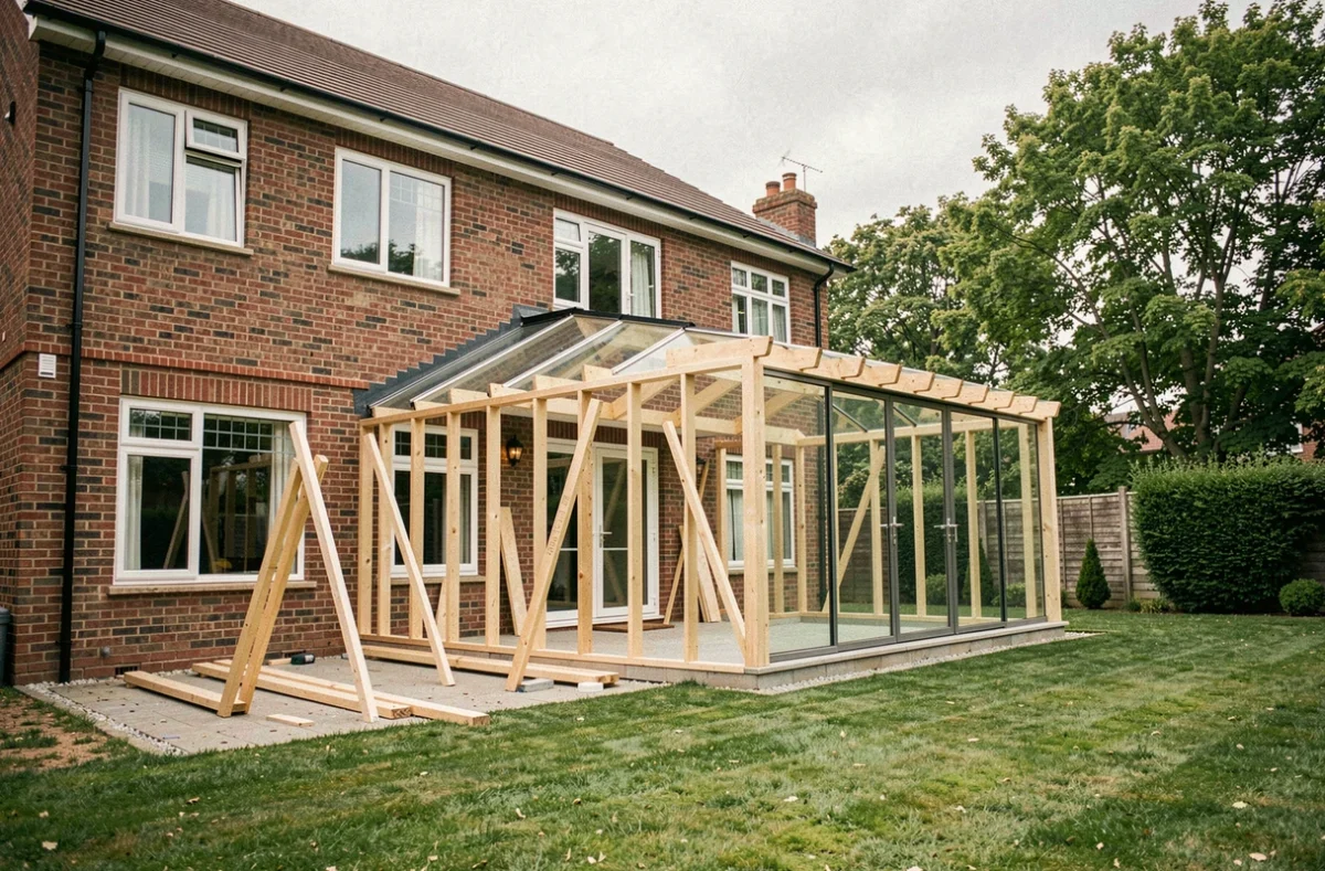 Construction d'une véranda en verre et bois en extension d'une maison individuelle en brique avec jardin en arrière-plan
