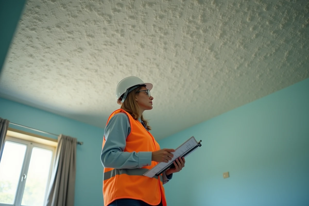 Consultante en environnement inspectant un plafond texturé suspect dans un appartement vide pour évaluer la présence d'amiante avant rénovation